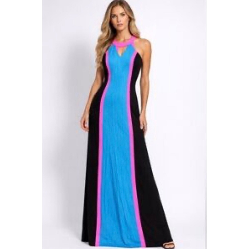Jay Godfrey Colorblock Maxi Dress Blue‎ Pink Black Halter Cutout Gown Size 0